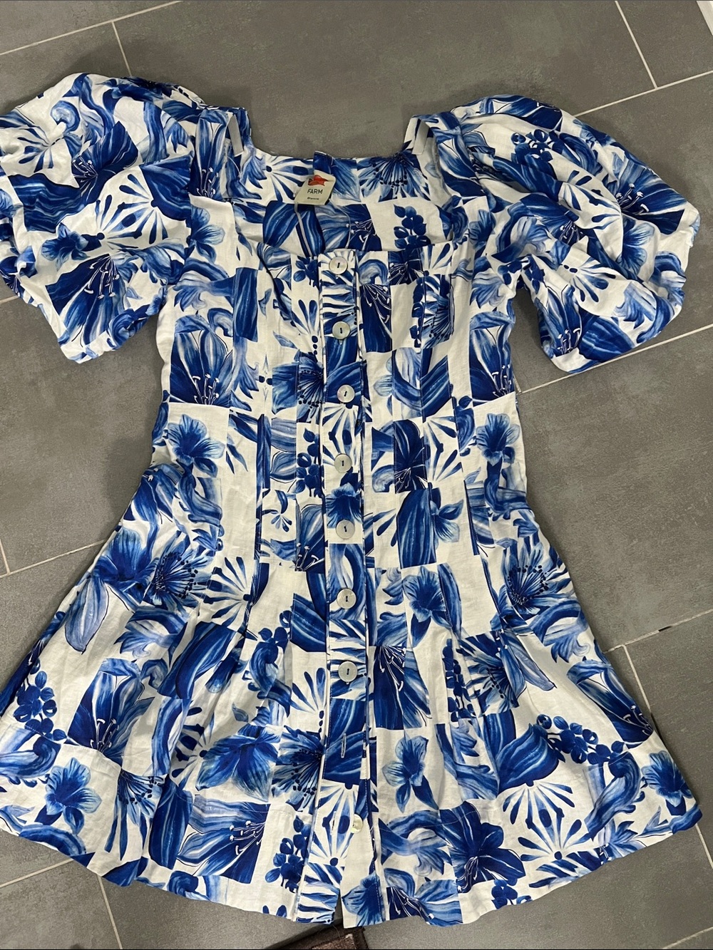 FARM Rio Garden Tiles Plaid Linen Mini Dress